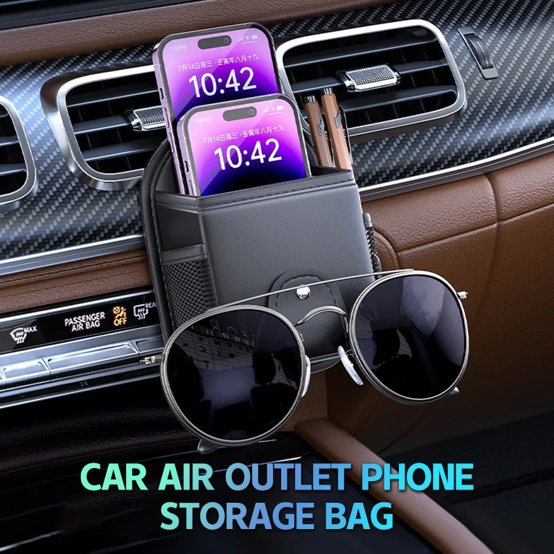 PU Leather Car Air Vent Phone Holder & Storage Organizer