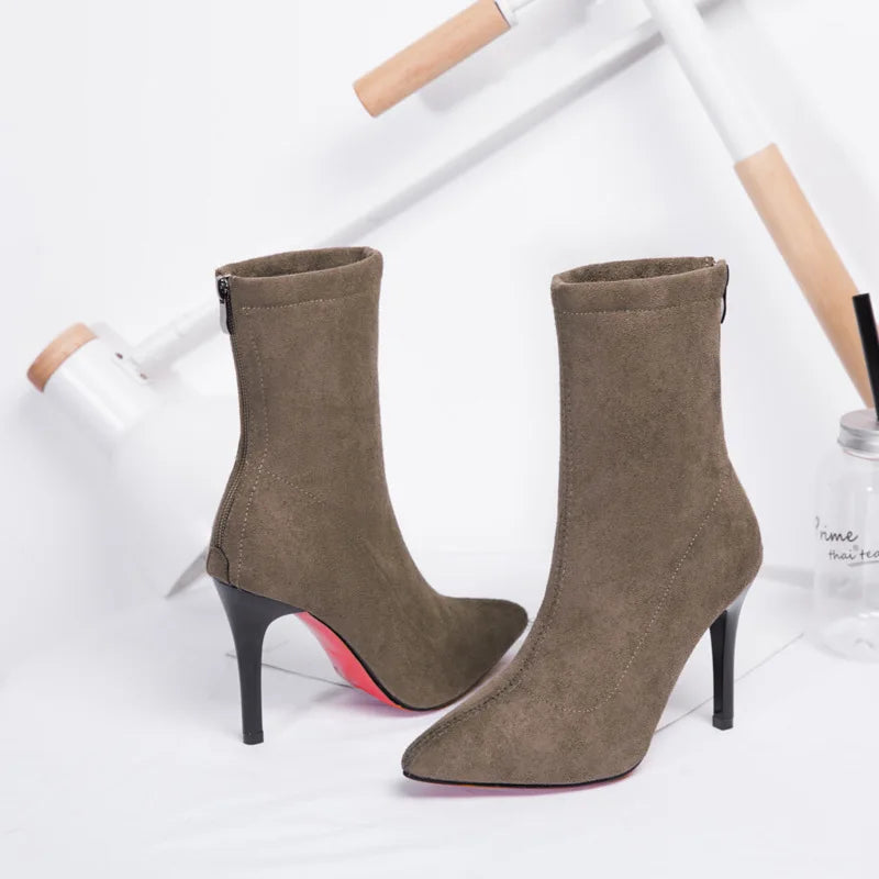 2023 Autumn Winter Heel Velvet Short Boots Pointed Toe Solid Thin Zpaxo