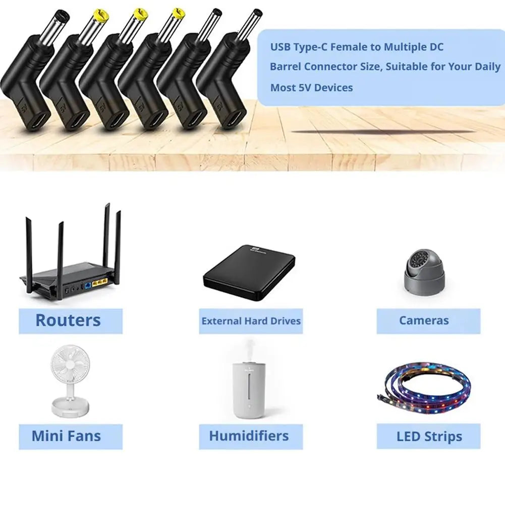 USB-C PD to DC Adapter 5V 9V 12V – 6 Plug Sizes for Router USB-C Power Adapter Zpaxo