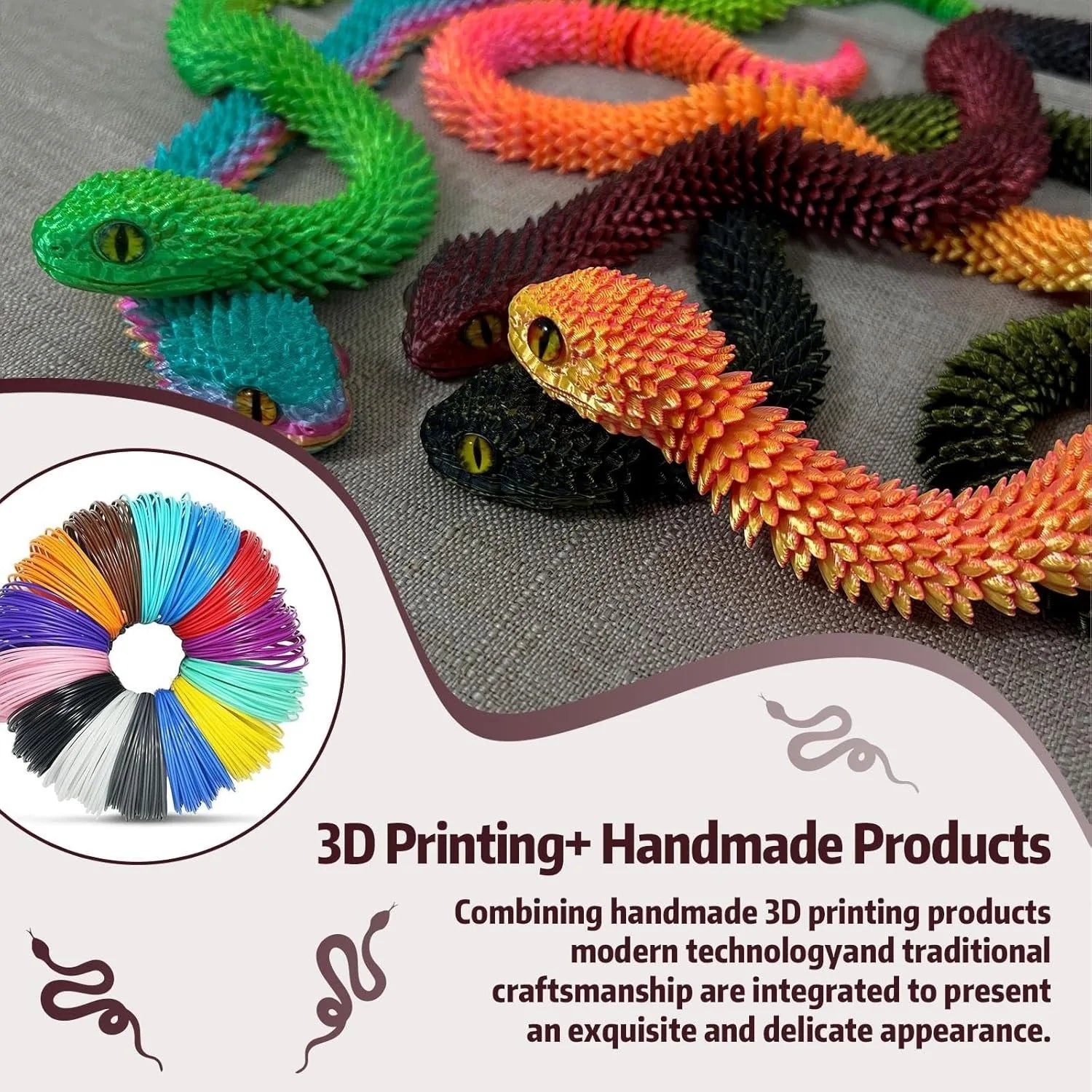 20 3D Printed Snake Animals Print Articulated Viper Collectible Home