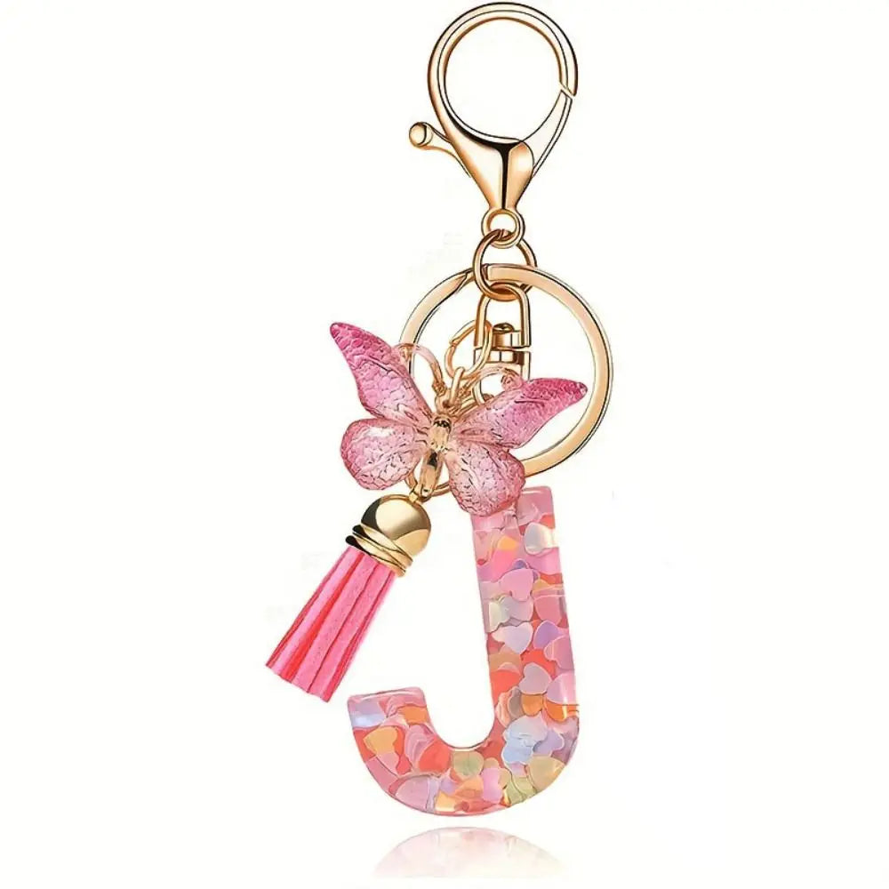Personality Dreamy 26 Letter Keychain Sequin A-Z Butterfly Initial Keyring Exquisite Pink Alphabet Key Chain Handbag DecorWomen Zpaxo Letter J