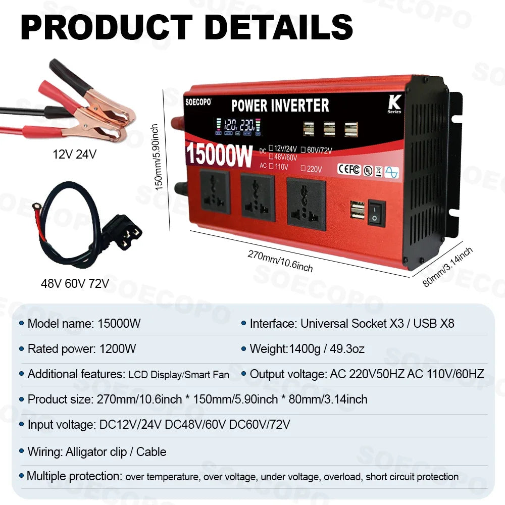 15000W All-in-One Power Inverter DC 12V/24V/48V/60V/72V to AC 110V/220V 3 Universal Sockets 8 USB LCD Smart Fan for Home RV Zpaxo