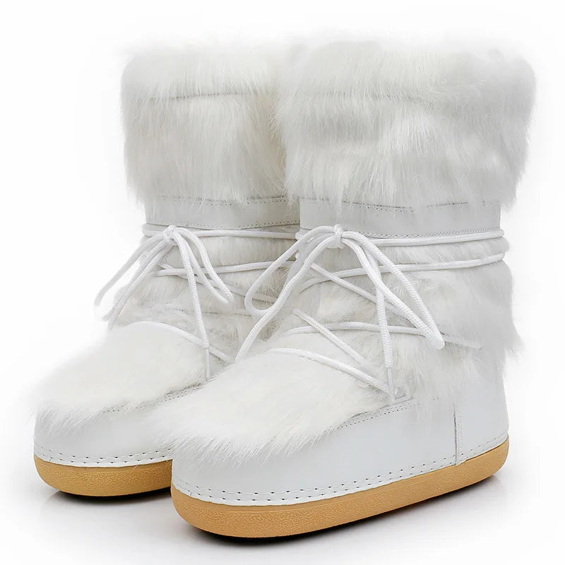 2024 Winter Snow Boots Women Ski Fluffy Hairy Lace Up Middle Calf Zpaxo