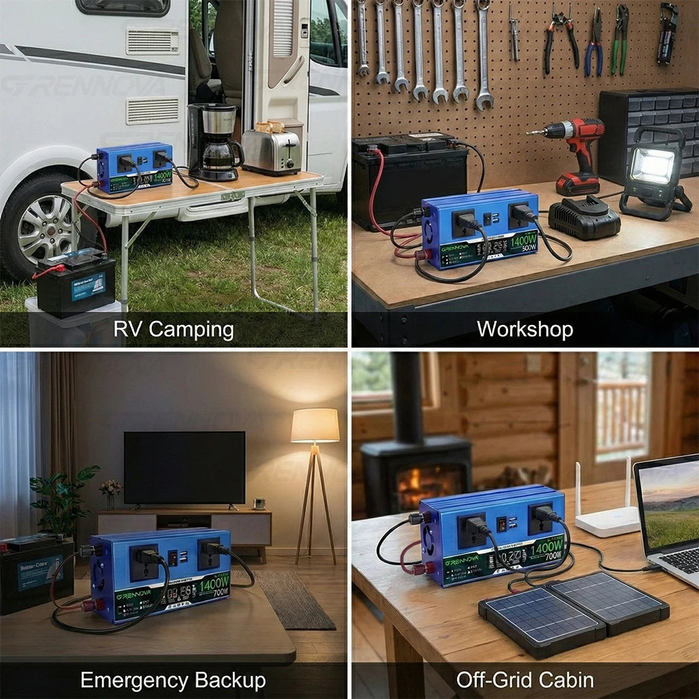 Grennova 1400W/2200W Dual Voltage Power Inverter w/ LCD Screen 12V/24V/48V/60V/72V to 110V/220V for RV, Camping & Solar Off-Grid Zpaxo