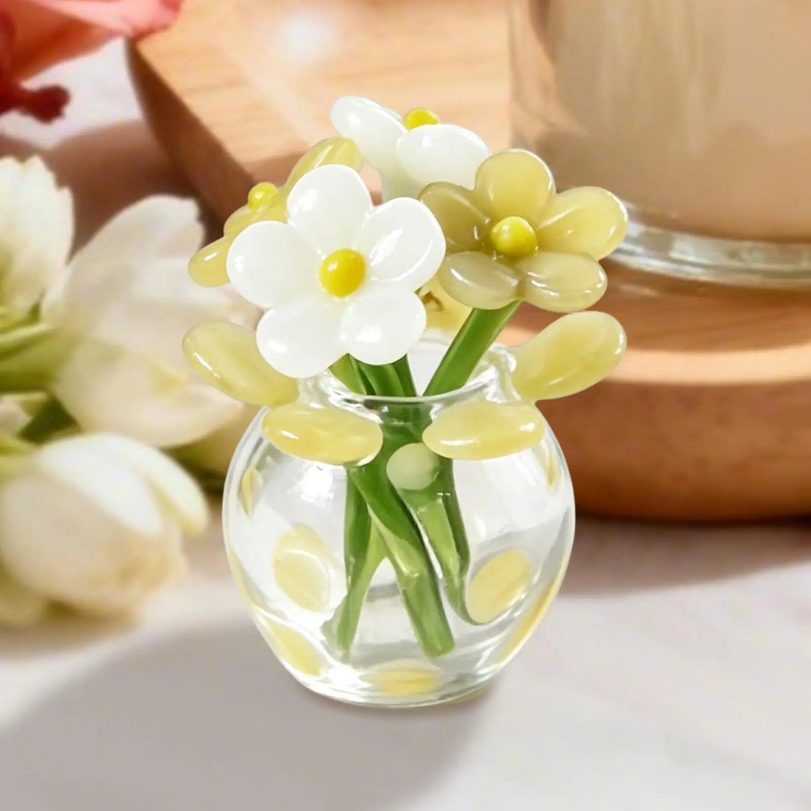 Mini Glass Flowers Artificial Bouquet Small Vase Handmade Green