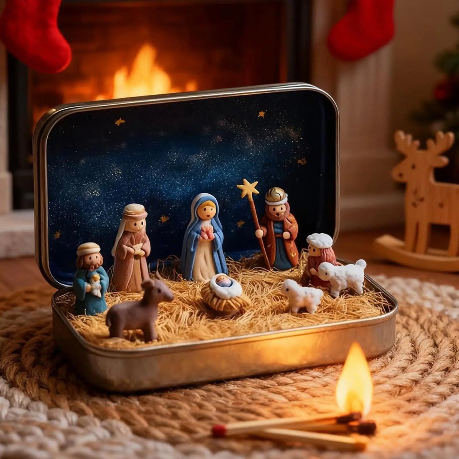 Tin Box Nativity Portable Mini 3D Holy Figurines Religious Ornament