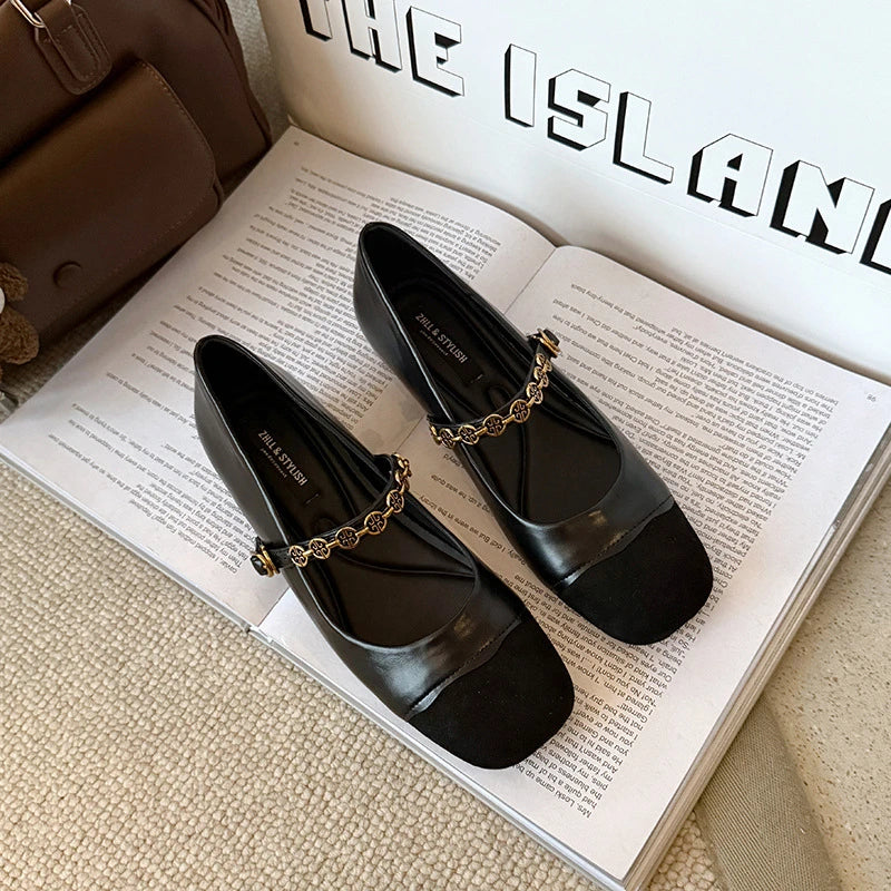 Womens Black Brown Two Tone Square Toe Mary Jane Flats Gold Chain Zpaxo 039-10 Black 45 China Mainland