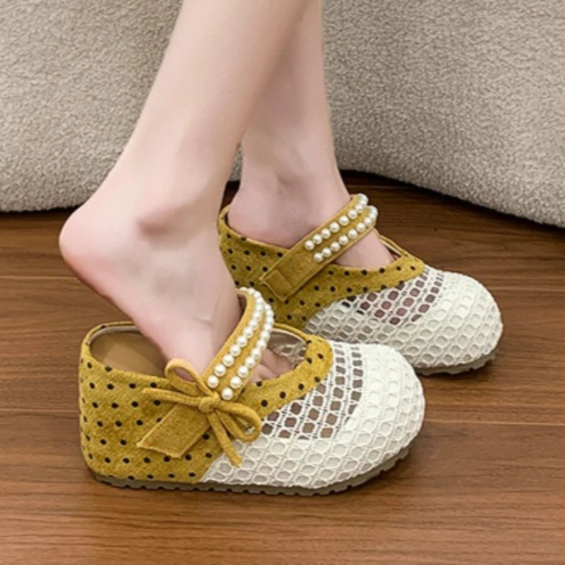 Round Closed Toe Women's Summer Bow Pearl Embellishment Wedge Heel Zpaxo