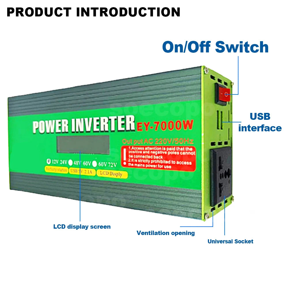 Smart Dual Voltage Inverter 7000W Peak Power LCD Screen Monitoring Multi-Protection Dual USB Ports 12V-72V Compatibility Zpaxo