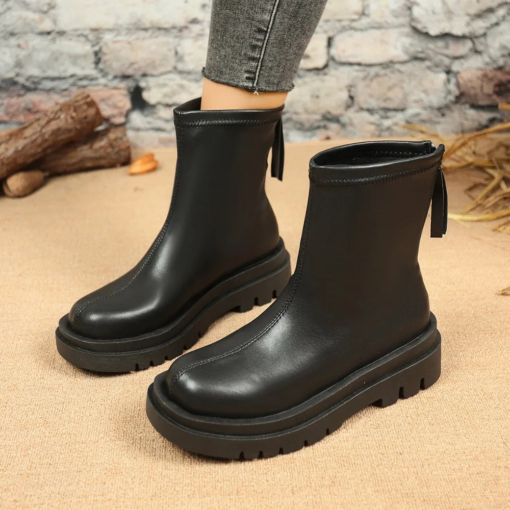 Womens Boots Spring Autumn Round Head Thick Sole Elastic Boot Pine