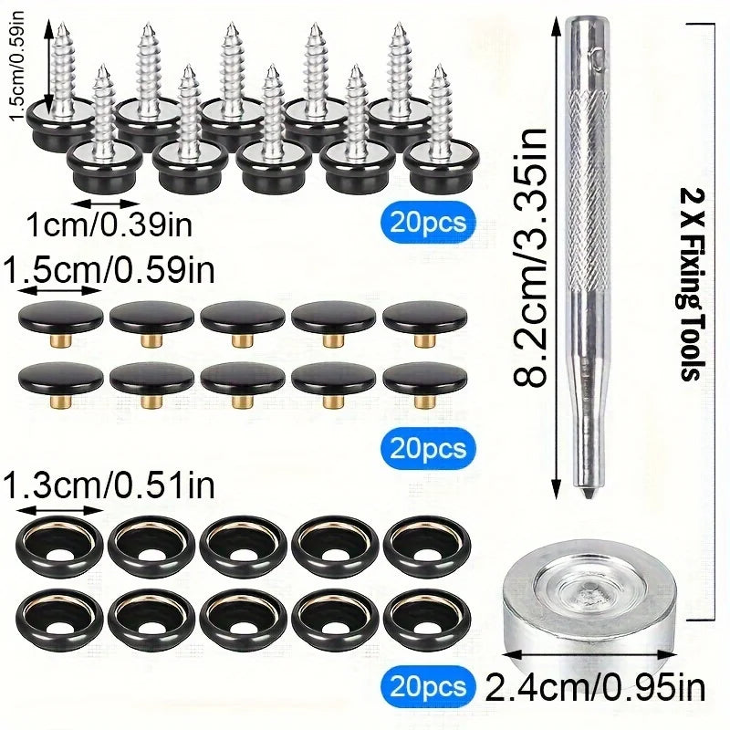 62 pcs Black Stainless Steel Marine Canvas Repair Kit With Fixing Tools, Canvas Fasteners, Buckle Kit, Heavy-duty Buckle 15mm Zpaxo