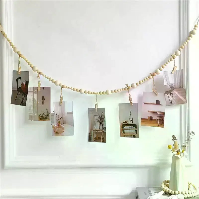 Hanging Photo Display Wooden Bead Garland Boho Wall Hanging For Bedroom Living Room Dorm Party Decor Teen Girl Gifts Zpaxo