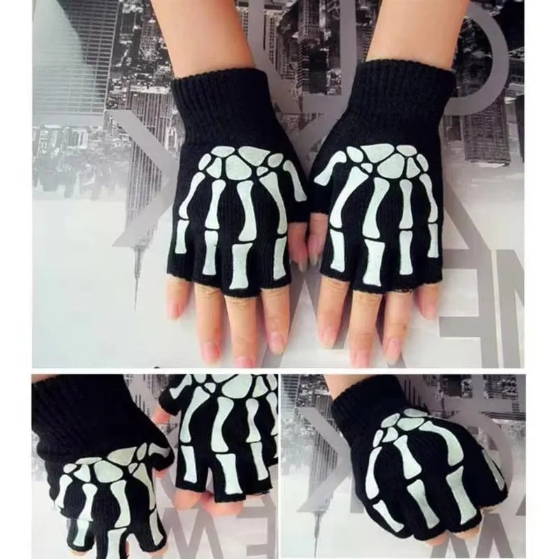 Skeleton Skull Glow-in-the-Dark Fingerless Halloween Gloves