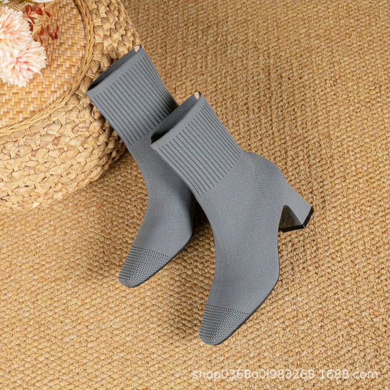 Black Square Toe Knit Sock Boots Elastic Slim Thick Block Heel Heels Zpaxo