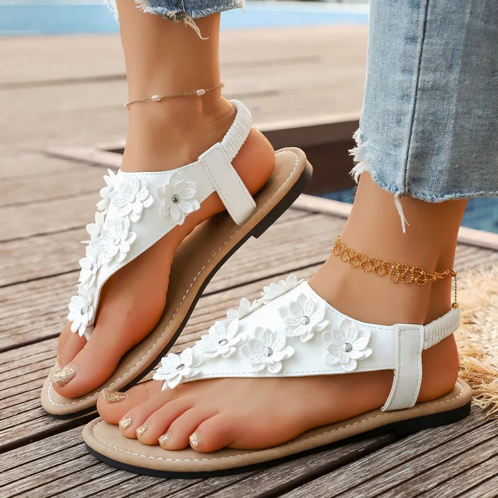 2026 Summer Flowers Sandals Women's Clip-toe Flat Heel Casual Beach