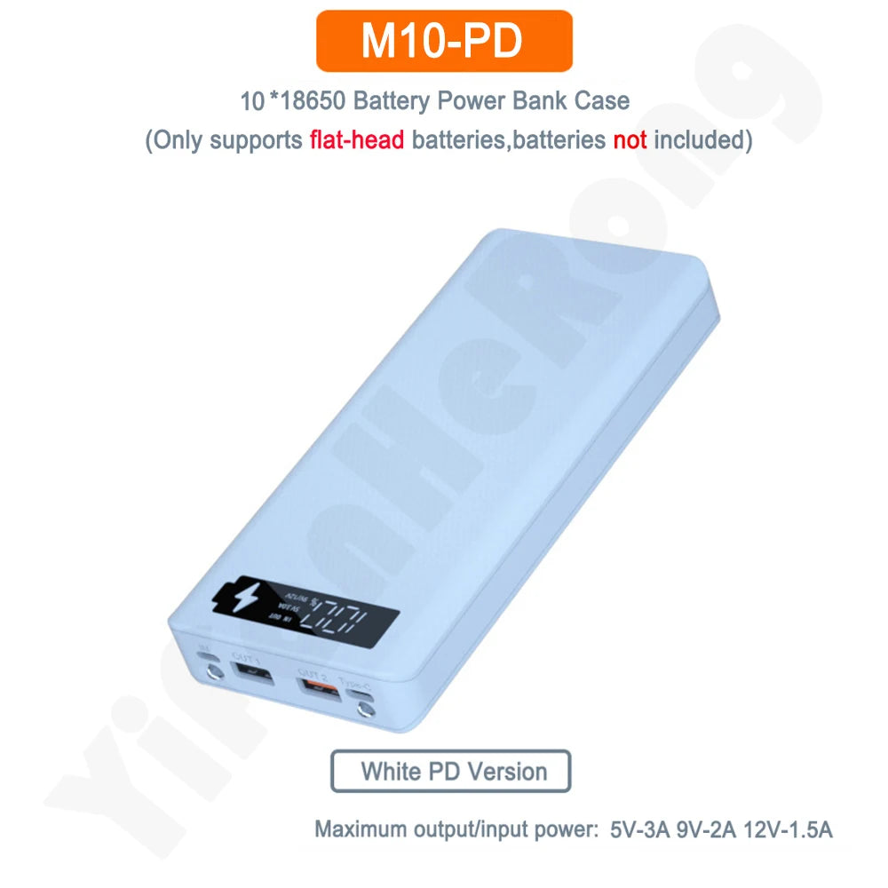 DIY 10*18650 Power Bank Case External 5V PD Fast Charging Battery Charge Storage Box Shell For Charging Mobile Phones Portable Zpaxo