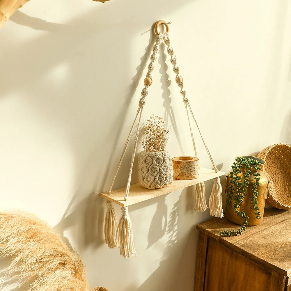 Handmade woven tassel wooden bead flowerpot shelf simple homestay living room home wall pendant Zpaxo