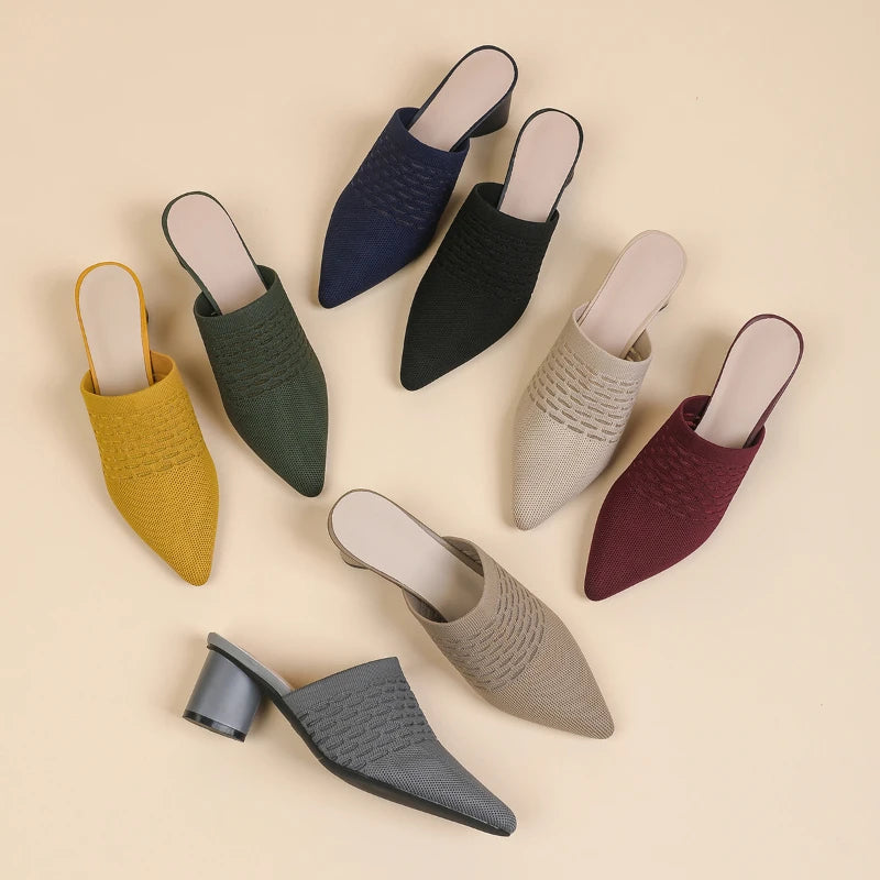 Pointed Toe Mule Sandals Knit Fabric Hollow Out Fishnet Breathable Zpaxo