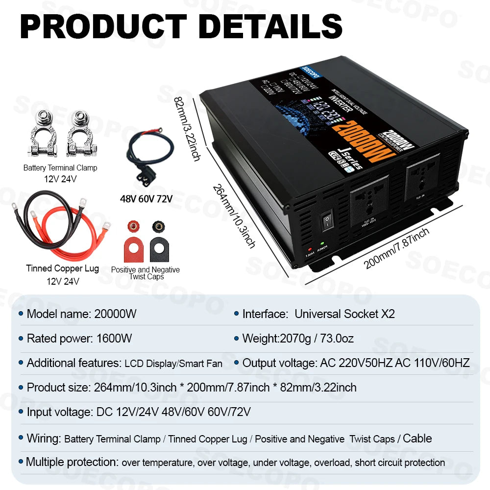 20000W Smart Inverter Dual Voltage Input Solar Current DC 12V 24V 48V