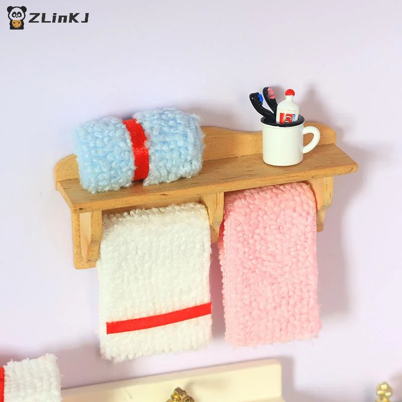 ▶1 Set 1/12 Dollhouse Towel Rack Doll Accessories Scene Model Toys Mini Cosmetics Shelf Miniature Wooden Furniture Bathroom Kit Zpaxo