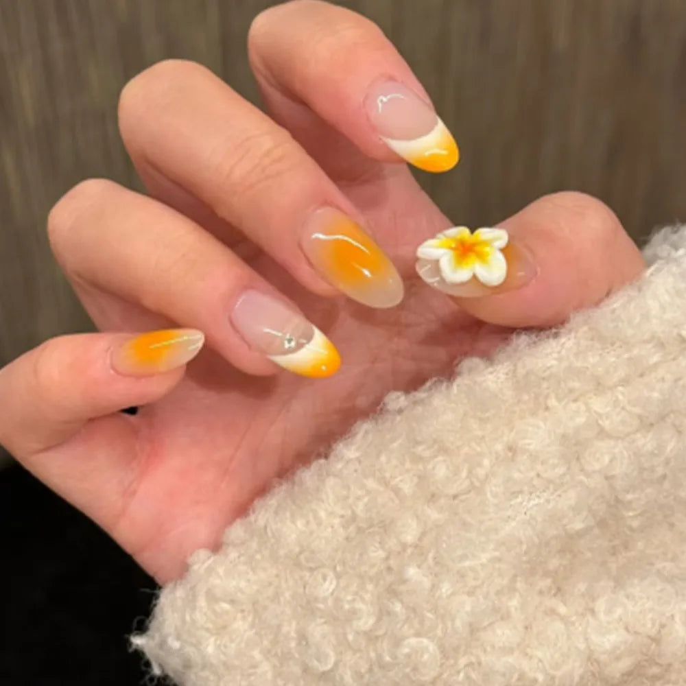 Manicure Long Almond False Nails French White Edge Fake Aurora Flower Zpaxo JL0677