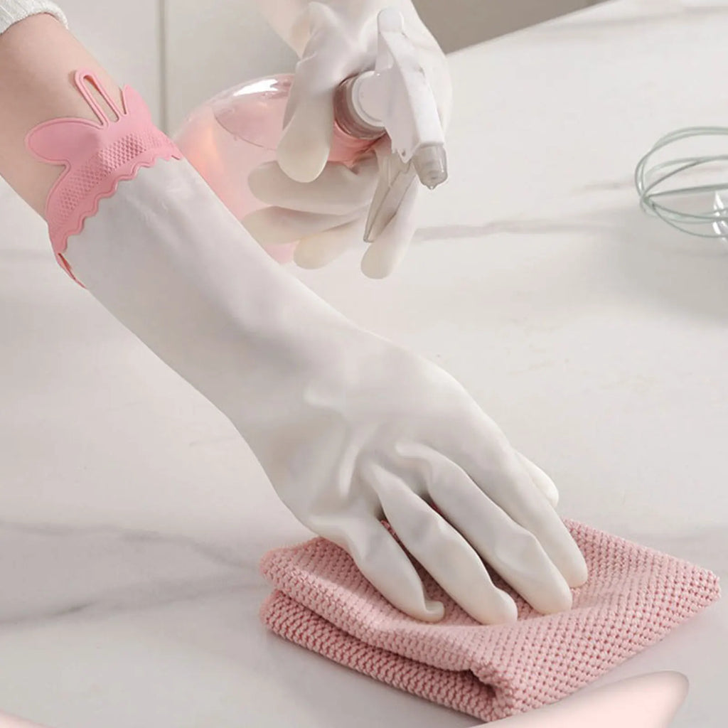 1Pair PVC Reusable Dishwashing Gloves,White Bunny Ear Lace Kitchen Gloves for Washing Dishes, 12in Long Cuff, Non-Slip Zpaxo