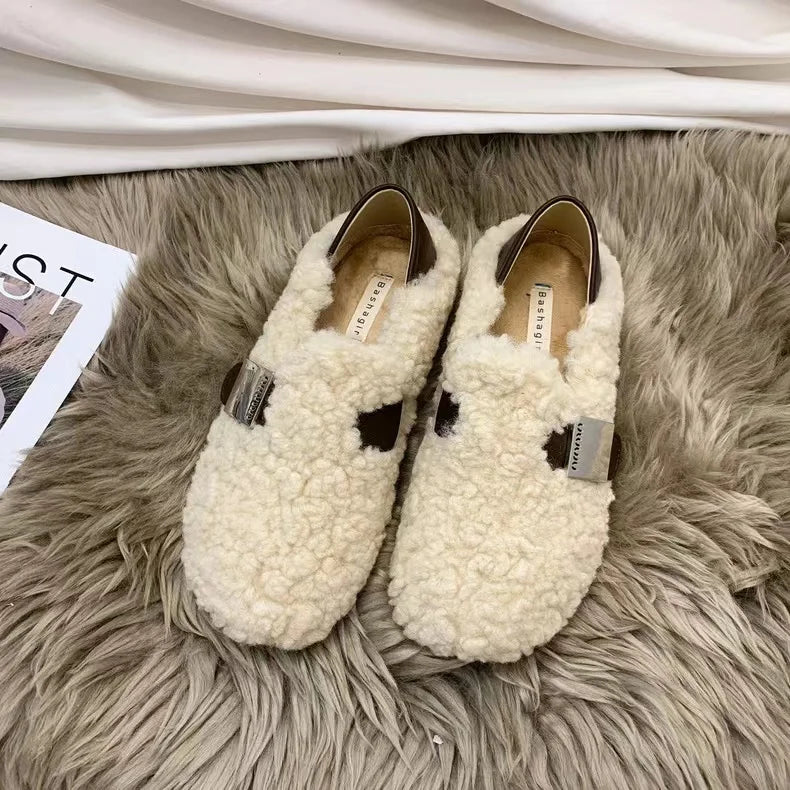 Winter Shoes Women Round Toe Slip-on Female Footwear Loafers Fur Zpaxo 39 WHITE