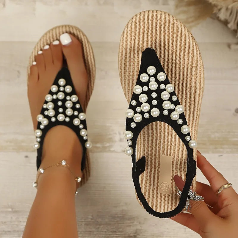 Women's Fish Mouth Clip-toe Pearl Embellishment Sandals Women Vintage Zpaxo black 43