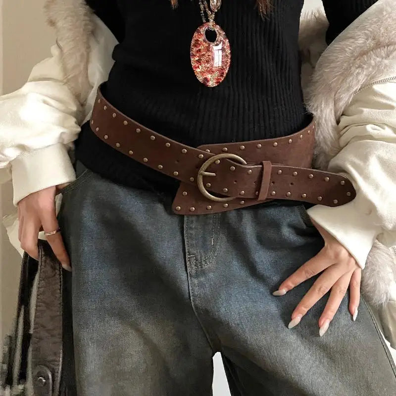 Retro Suede Rivet Belt Punk Gothic Western Cowgirl Wide Cummerbunds Zpaxo