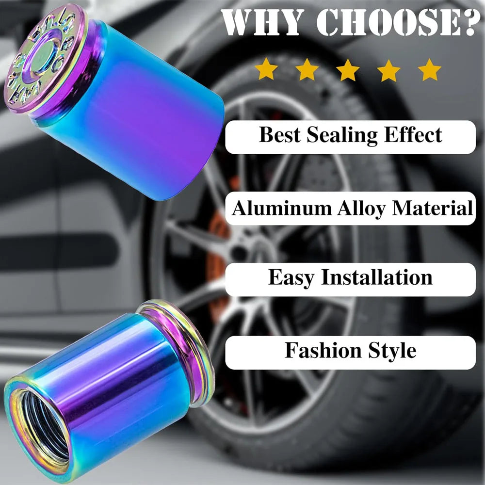 Bullet Shell Aluminum Tire Valve Stem Caps – 4-Pack for All Vehicles