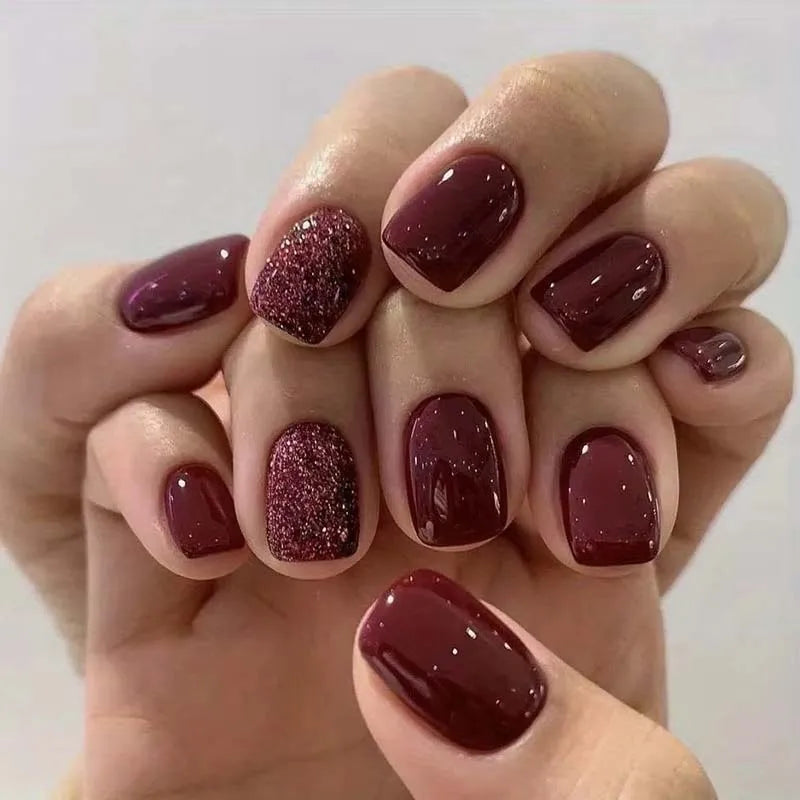 24pcs Wine Red Press-On Nails – Glossy Short Square False Nails Press-On False Nails Zpaxo