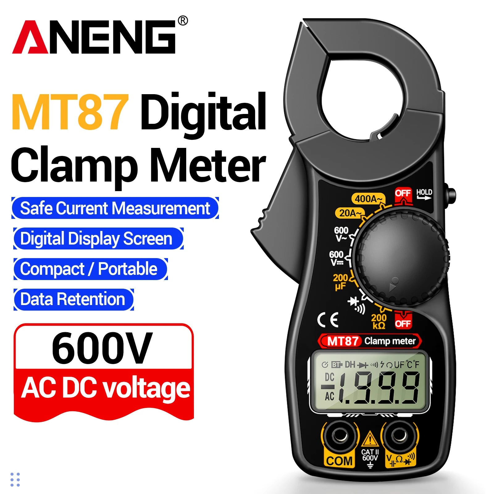ANENG MT87 Compact Digital Clamp Multimeter Tester Data Hold LCD