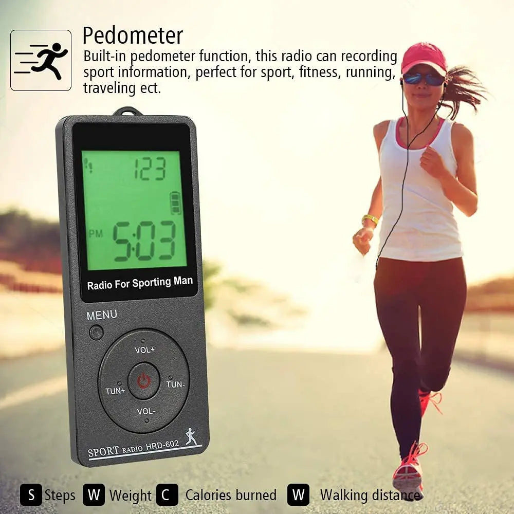 Portable AM FM Mini Radio LED Display Pedometer Headphones Digital