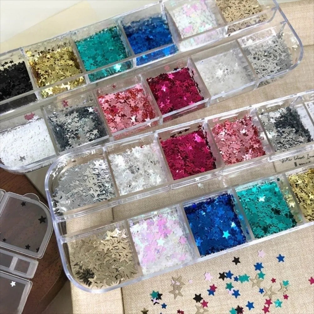 12Grids Box Five-pointed Star Nail Art Charms Sparkling Flakes Mini Zpaxo