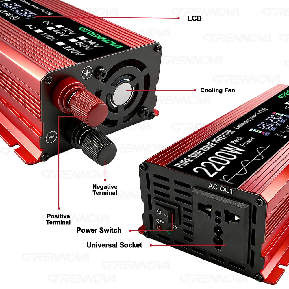 GRENNOVA 2200W Pure Sine Wave Inverter DC 12V 24V 48V to AC 110V 220V 1100W Rated Power Power Inverter for RV Truck Solar System Zpaxo