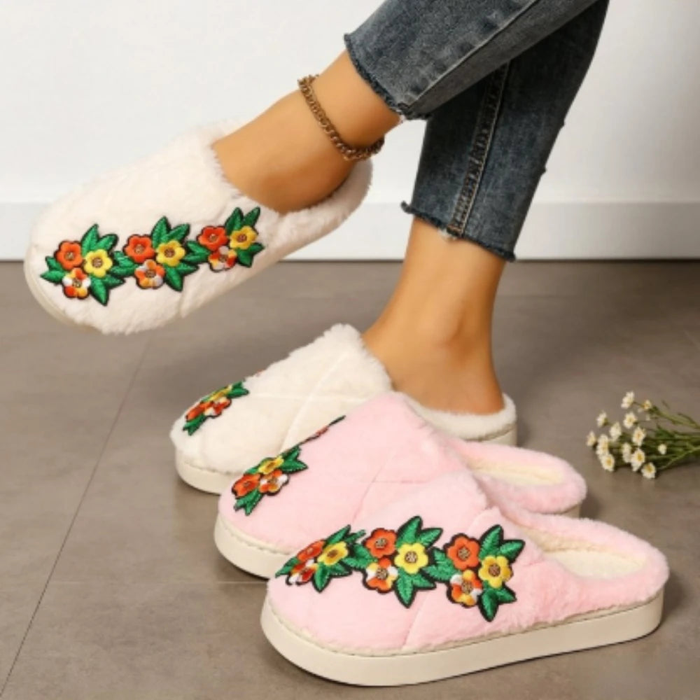 Cotton Slippers Women Flowers Slides Female Thick Bottom Soft Winter