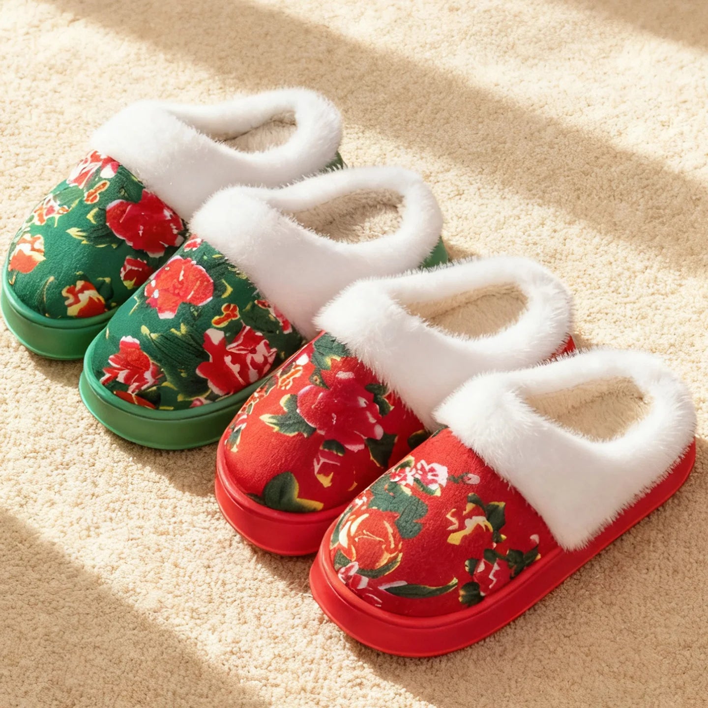 Chinese Traditional Floral Warm Slippers Winter Plush Lined Non-slip
