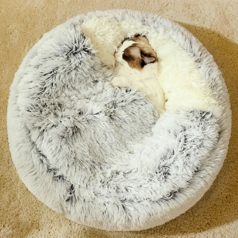 Fluffy Hooded Round Cat Bed Anti- Cave Anti-slip Bottom Machine