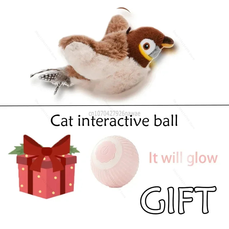 Interactive Cat Toys Rechargeable Electric Chirping Flapping Wings Bird with Catnip Cats Touch-Activated Squeaky Plush Toy Pet Zpaxo Sparrow - Small ball