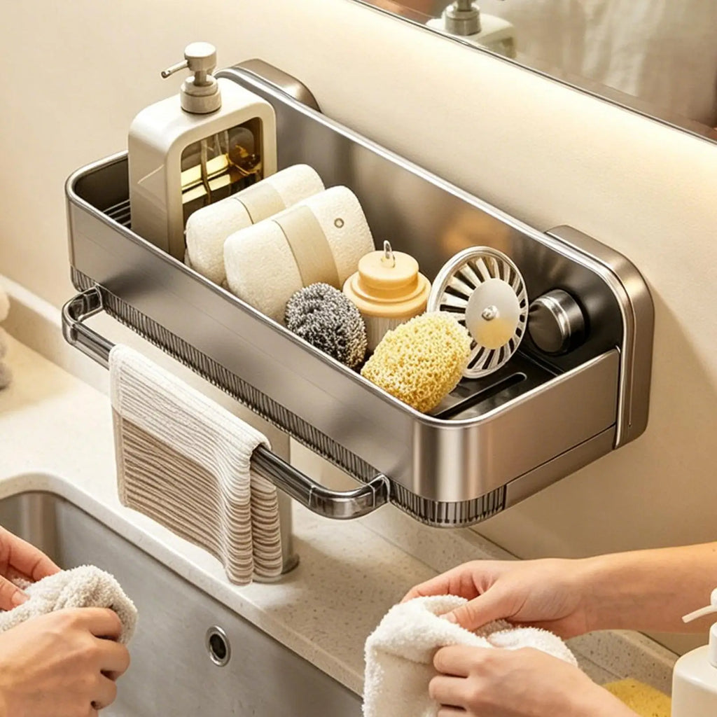 Dish Sponge Holder Aluminum No Drill Drainage Rack Scrubber Home