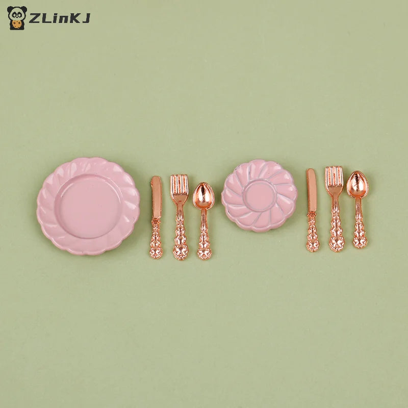 ▶1:12 Dollhouse Decor Toy with Utensils (Knife Fork Spoon Plate Set )-Kitchen Furniture Scene Model & Miniature Decorative Gift Zpaxo