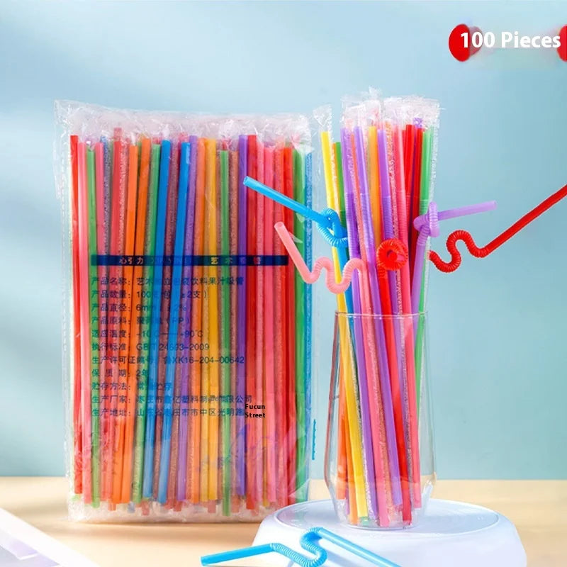 New 100Pcs Foldable Multicolor Disposable Long Straw, Single Curved Colored Food Grade Beverage, Milk Tea, Fruit Juice Straw Zpaxo