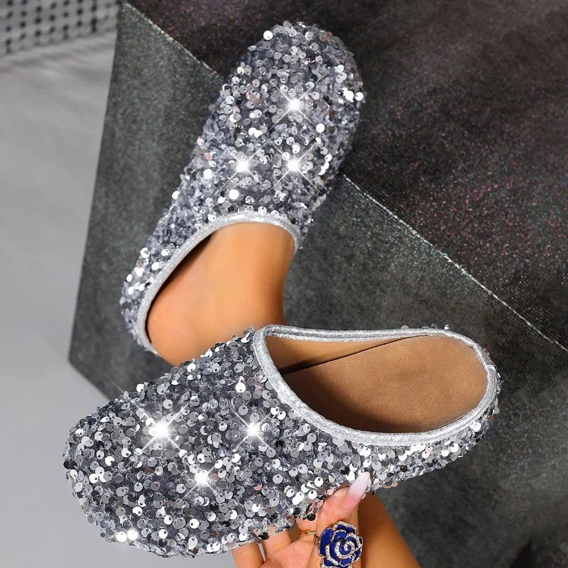 Bling Sequin Wedge Women's Slippers Round Toe Semi-sandals Outdoor Zpaxo