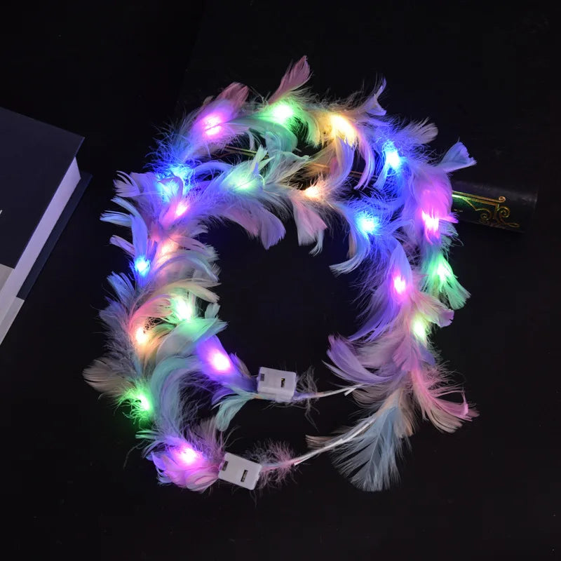LED Feather Wreath Crown Headband Light Up Luminous Headdress Perfect