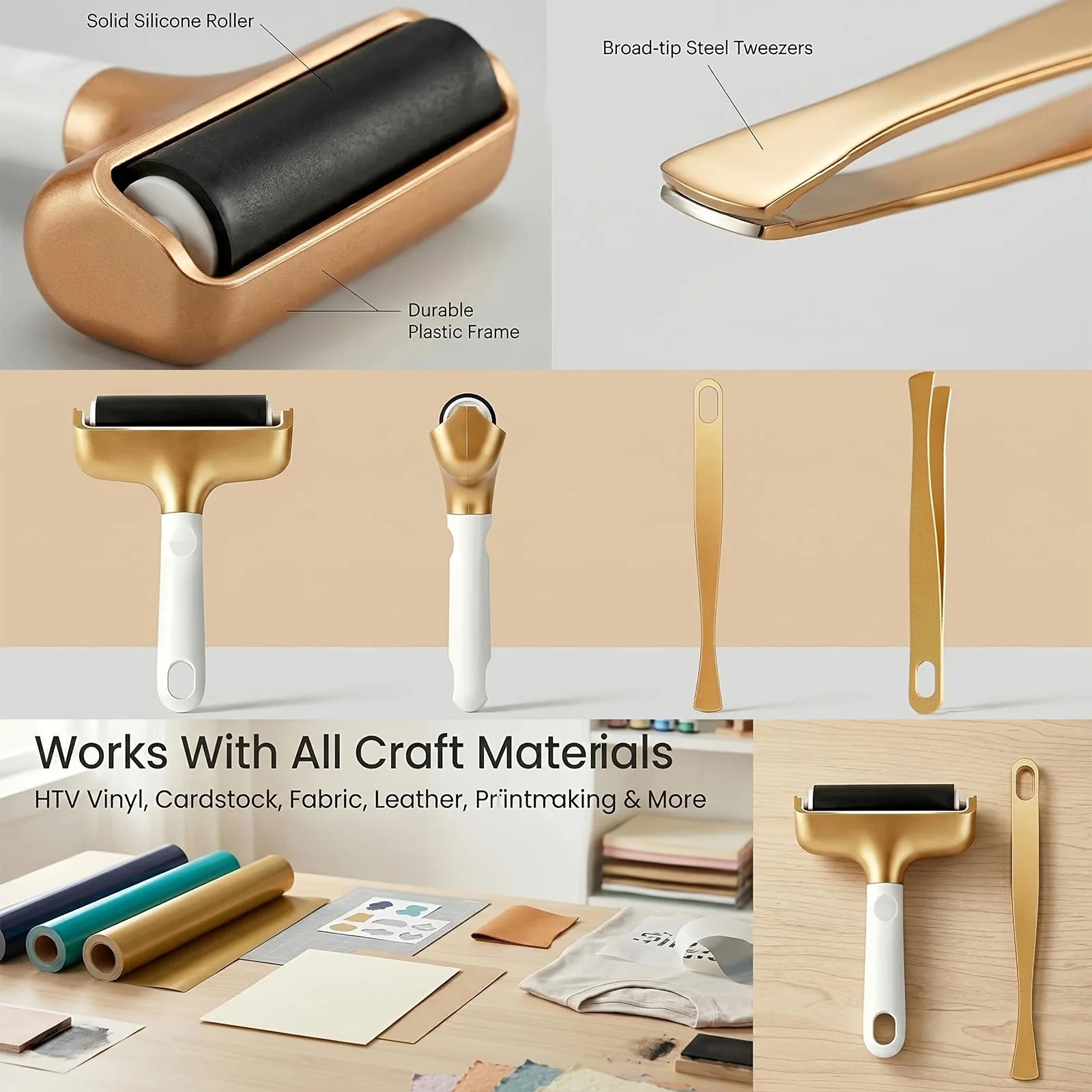 Gold Vinyl Rubber Roller&Gold Tweezers, Rubber Roller and Material Tweezers Removal Tool, Compatible with Maker, Explore Zpaxo