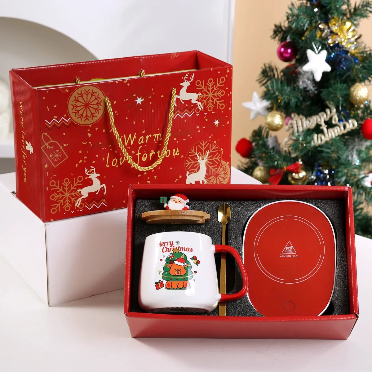55 Merry Christmas Gifts Wooden Lid Santa Claus Pattern Ceramic Mug Zpaxo 301-400ml Thermal Pad Set-B