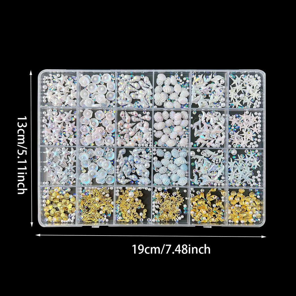 24 Grid Ocean Nail Art Accessories Iridescent Shell Starfish Pearl