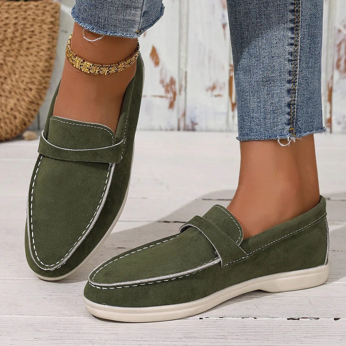 Women's Platform Driving Shoes Round Head Sheep White Green Black