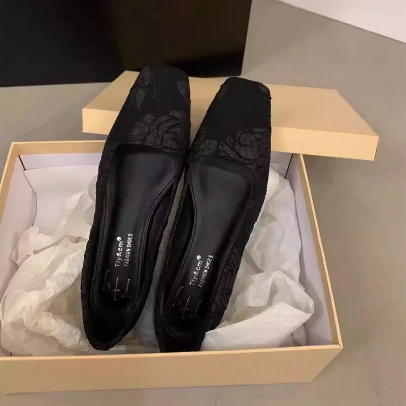 Flat Shoes for Women 2025 Spring Autumn New Retro Black Square Toe Mary Jane Ballet Shoes Loafers Women Big Size 42 43 44 Zpaxo