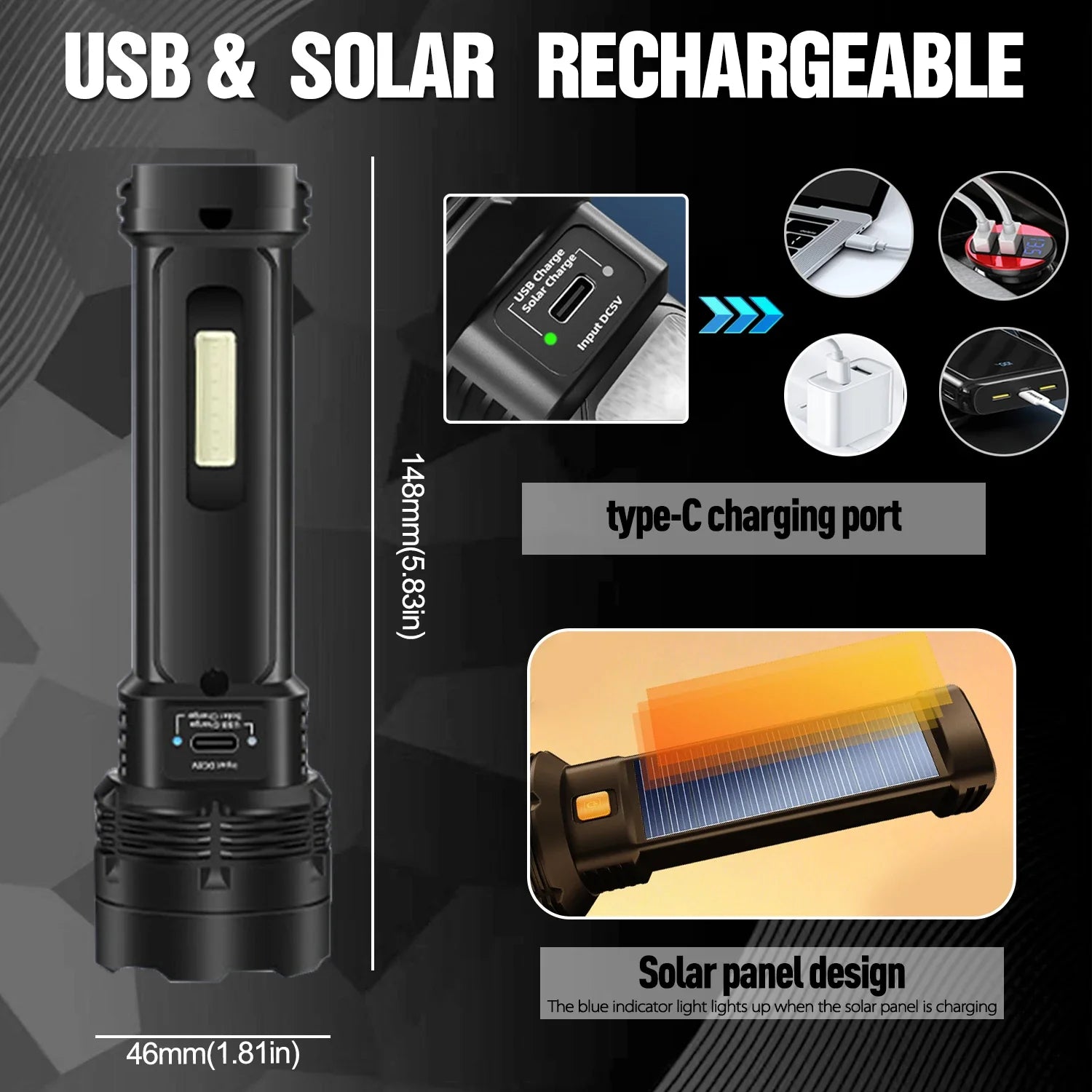 POCKETMAN Solar LED Flashlight – USB Rechargeable 2000 Lumen